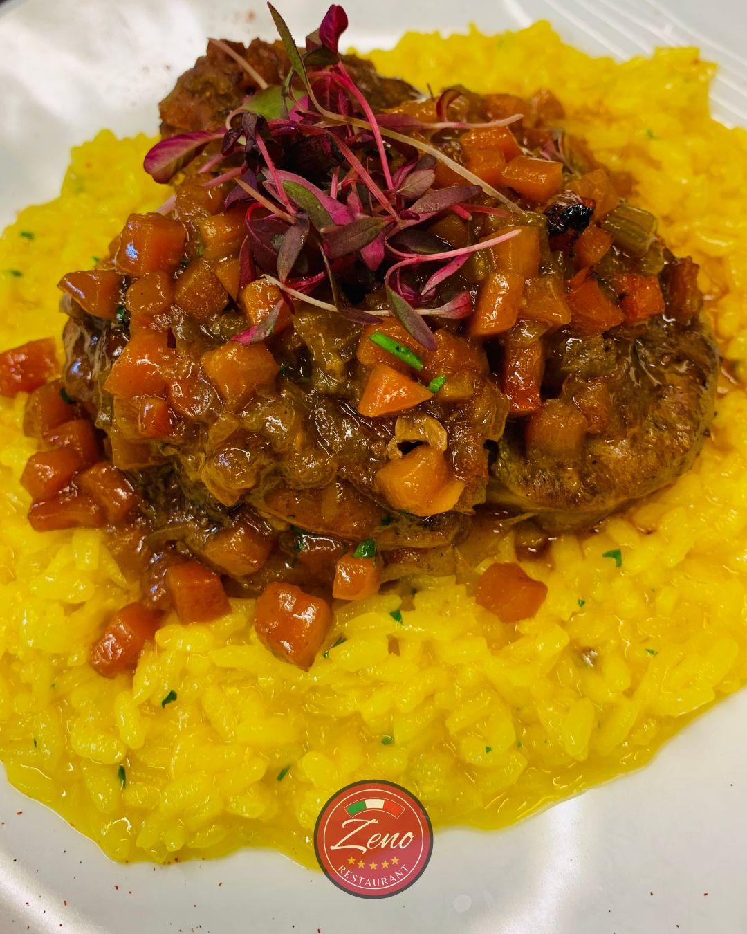 Braised veal shank on saffron risotto Milanese