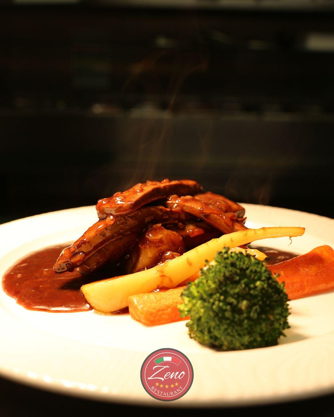 Chicken in a rich sauce with carrots, parsnips and broccoli