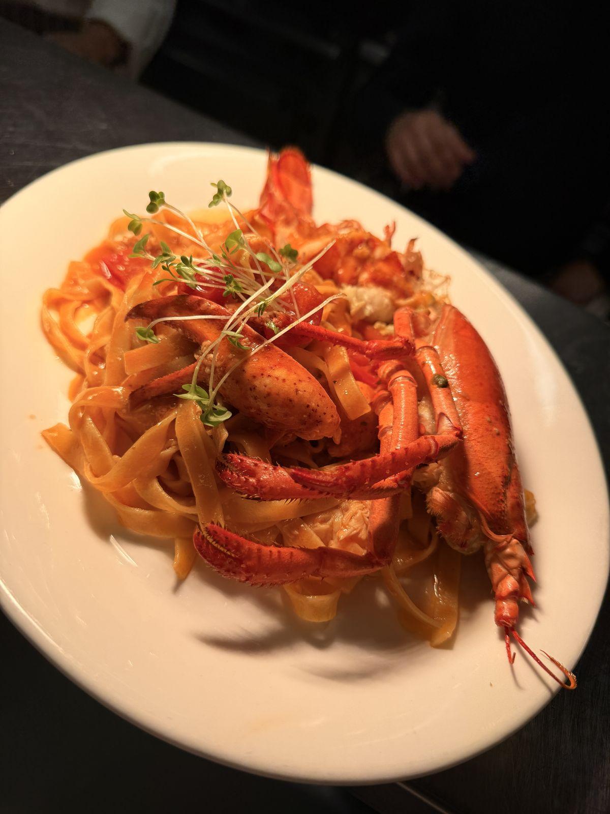 Linguine with half lobster and prawns