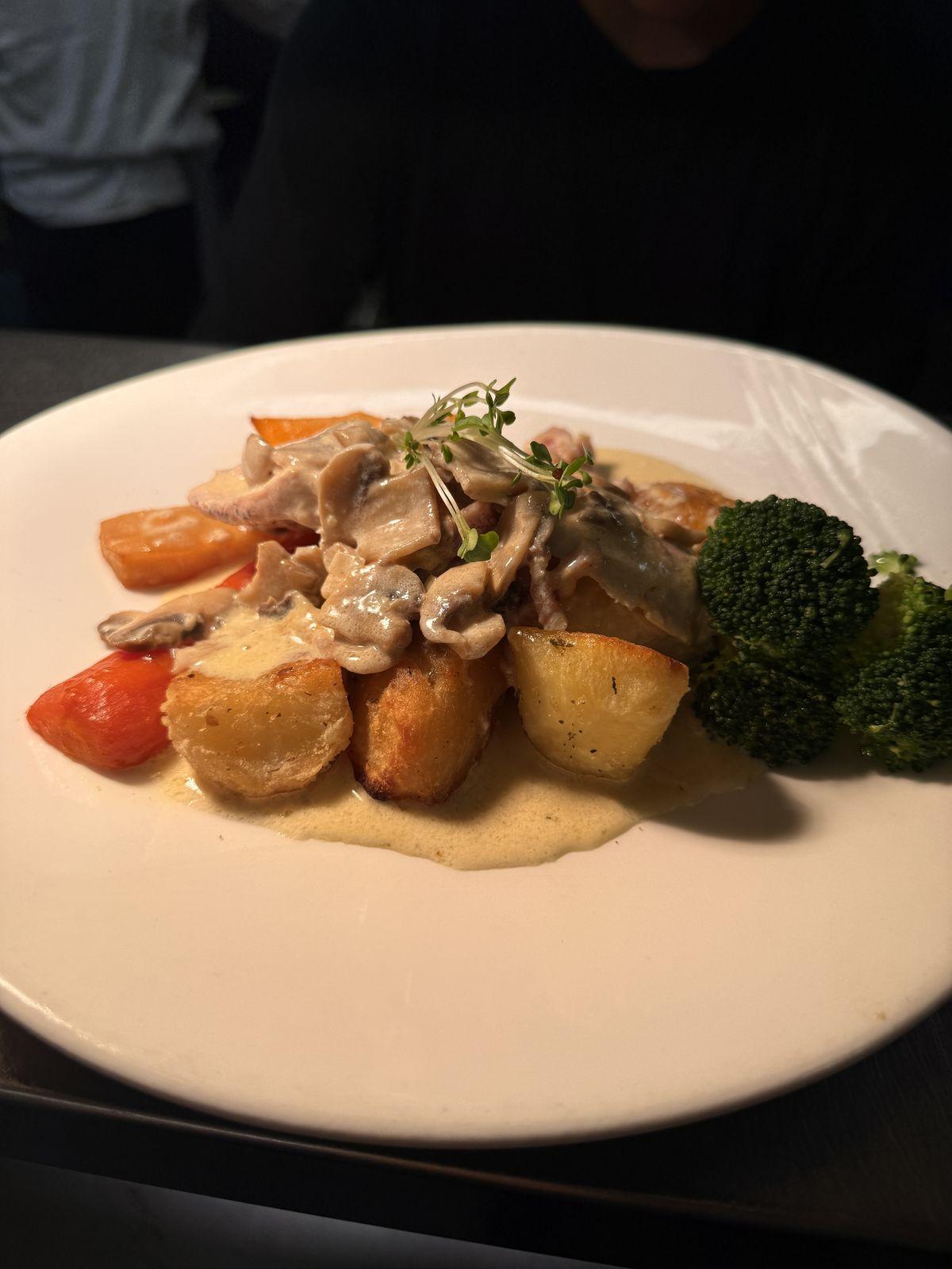 Chicken in creamy mushroom sauce with roast potatoes